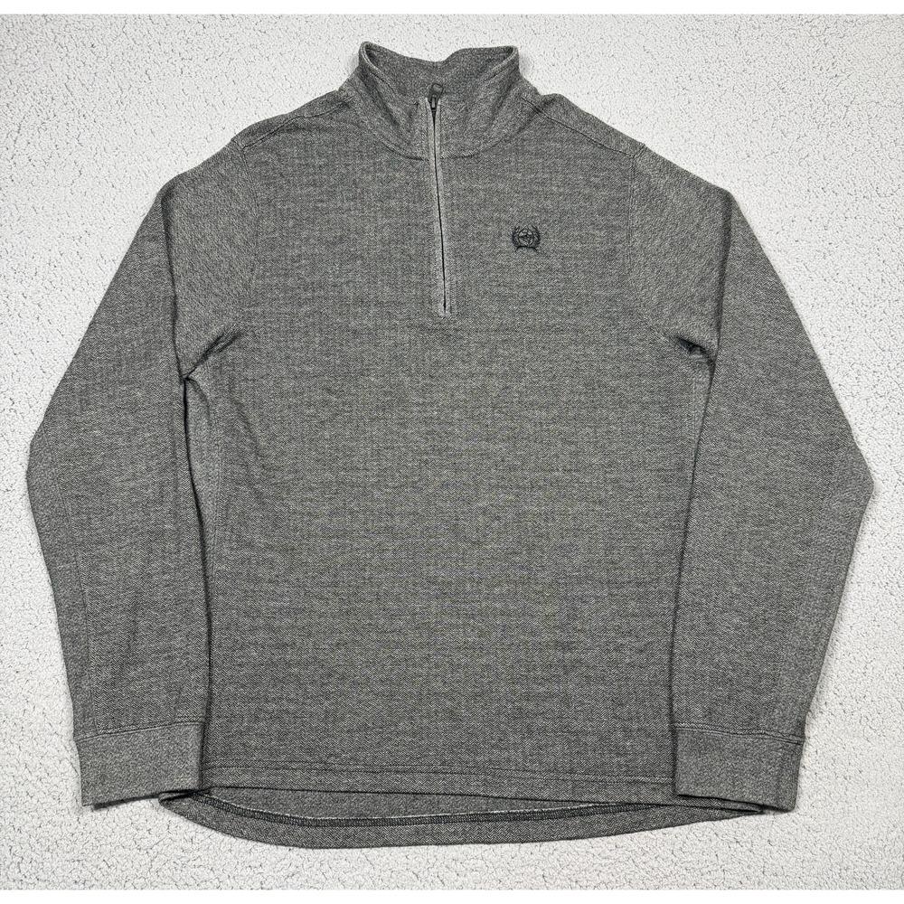 Cinch Sweater Mens Medium Gray Herringbone 1/4 Zip Mock Neck Knit Pullover